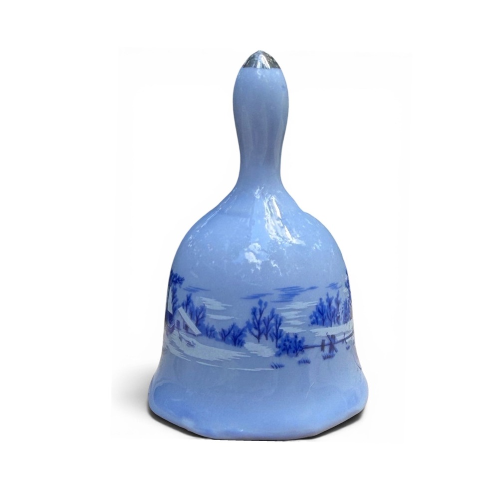 Vintage Currier Ives Blue White Porcelain Bell Winter Holiday Decor